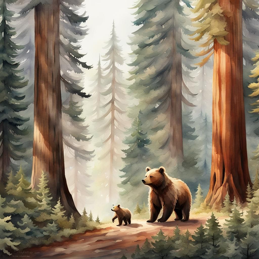 Watercolor Bear in Redwood Forest Scene