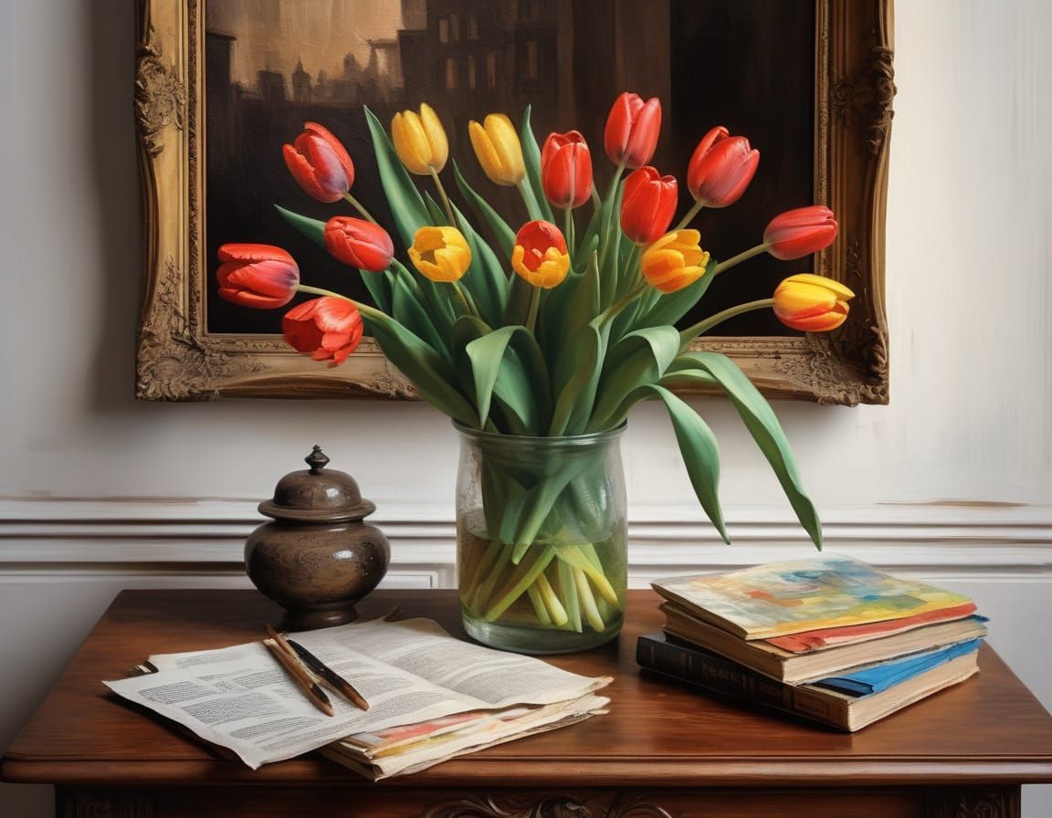 Vibrant Tulips on Table in Salon, Gouache Impasto Style