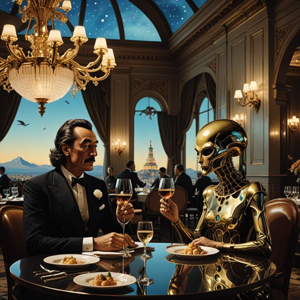 Surrealist Fine Dining Scene with Elegant Aliens
