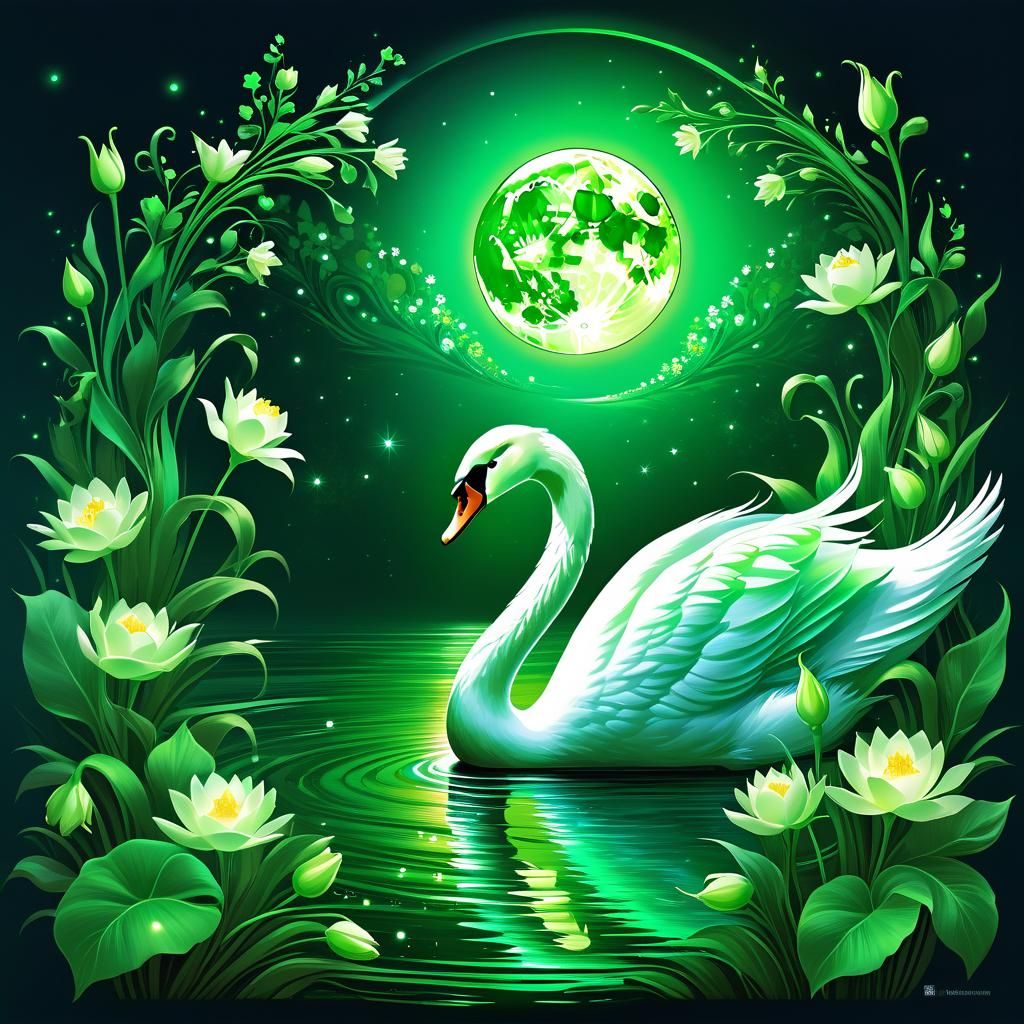 Ethereal Green Swan with Moon and Flowers