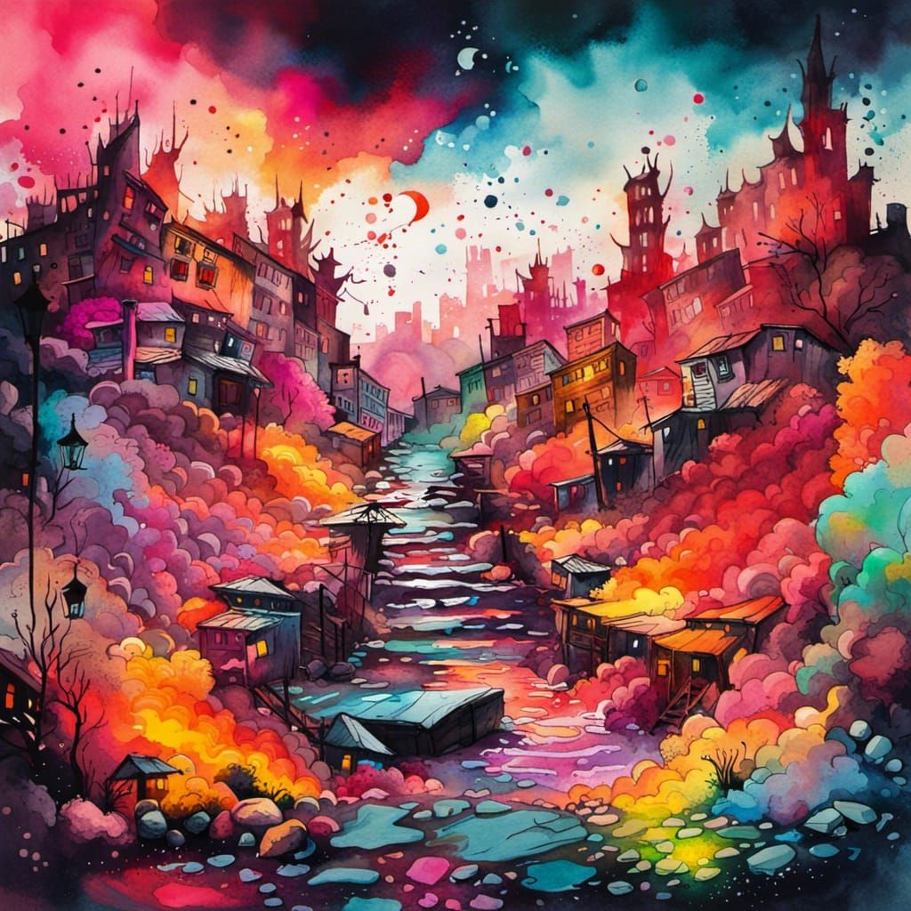 Vibrant Watercolor Inferno Landscape in Graffiti Art Style