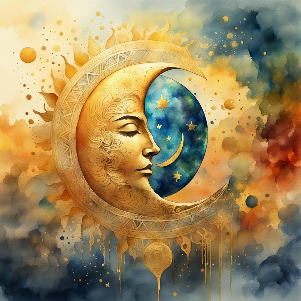 Mexican Sun and Moon in Watercolor Style