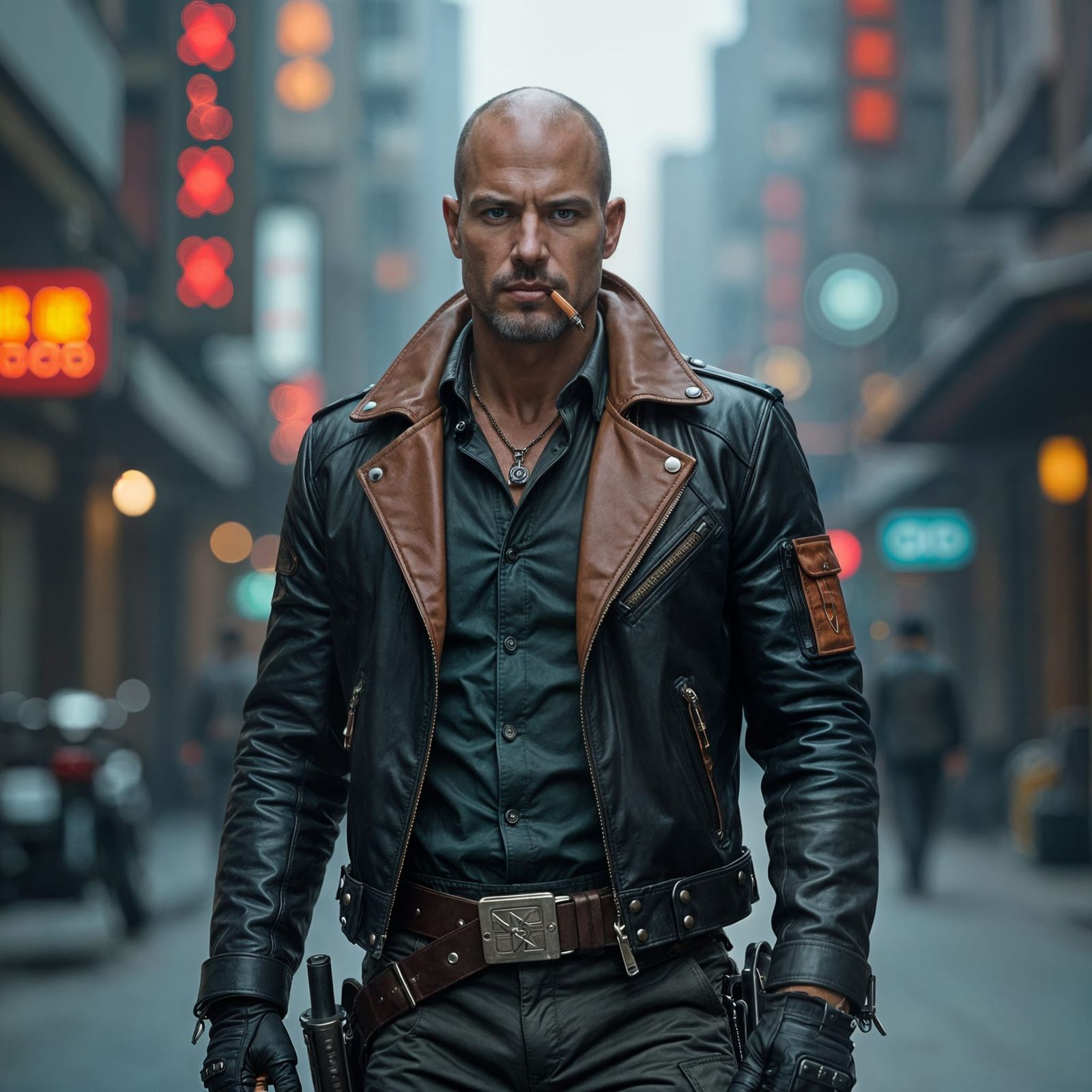 Cyberpunk Spaceport Scene with Gunslinger Character