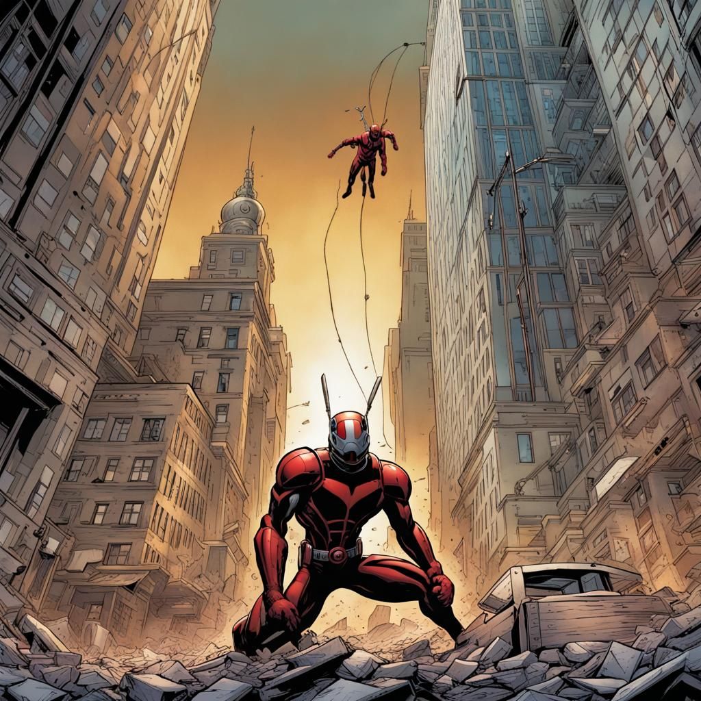 Giant Ant-Man Destroys City: Comic Book Art