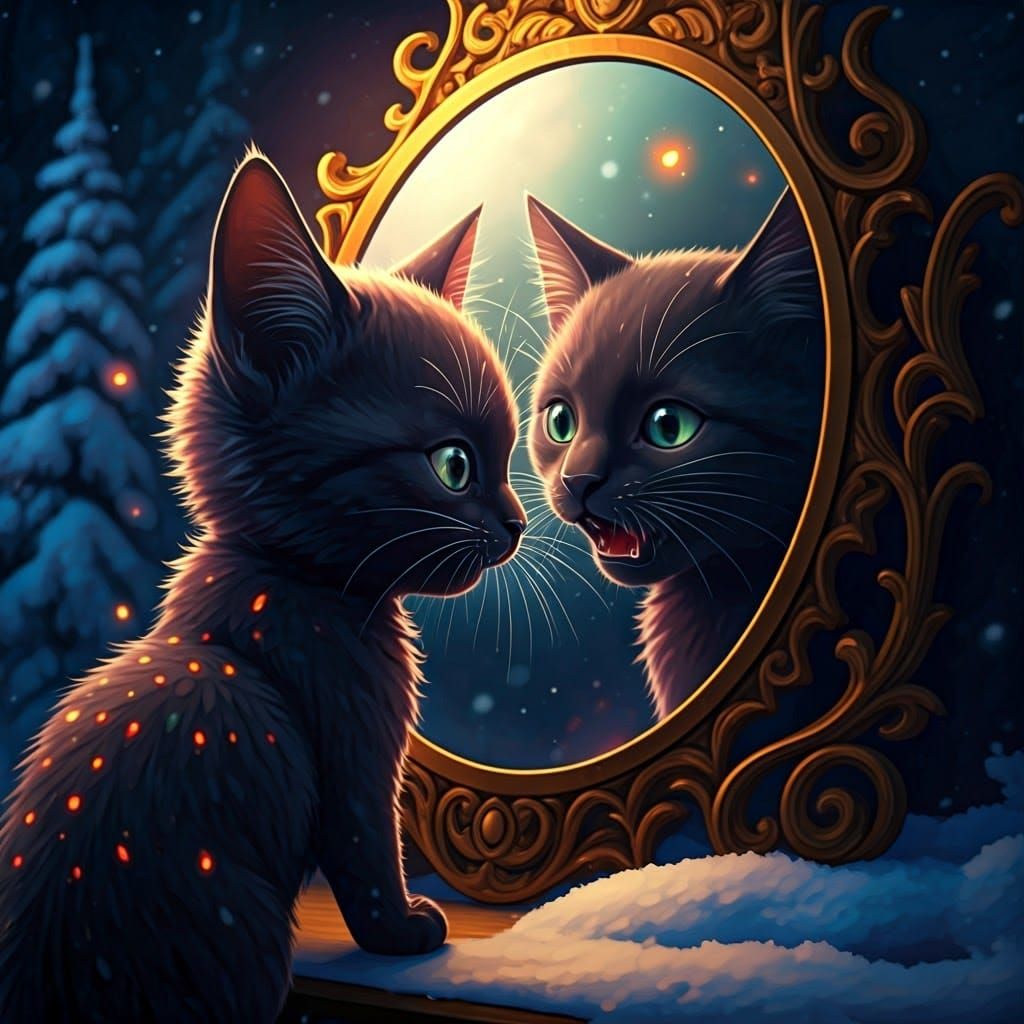 Magical Anime Cat Stares into Mirror