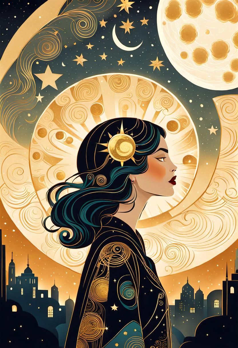Art Deco Girl Under Starry Night Sky