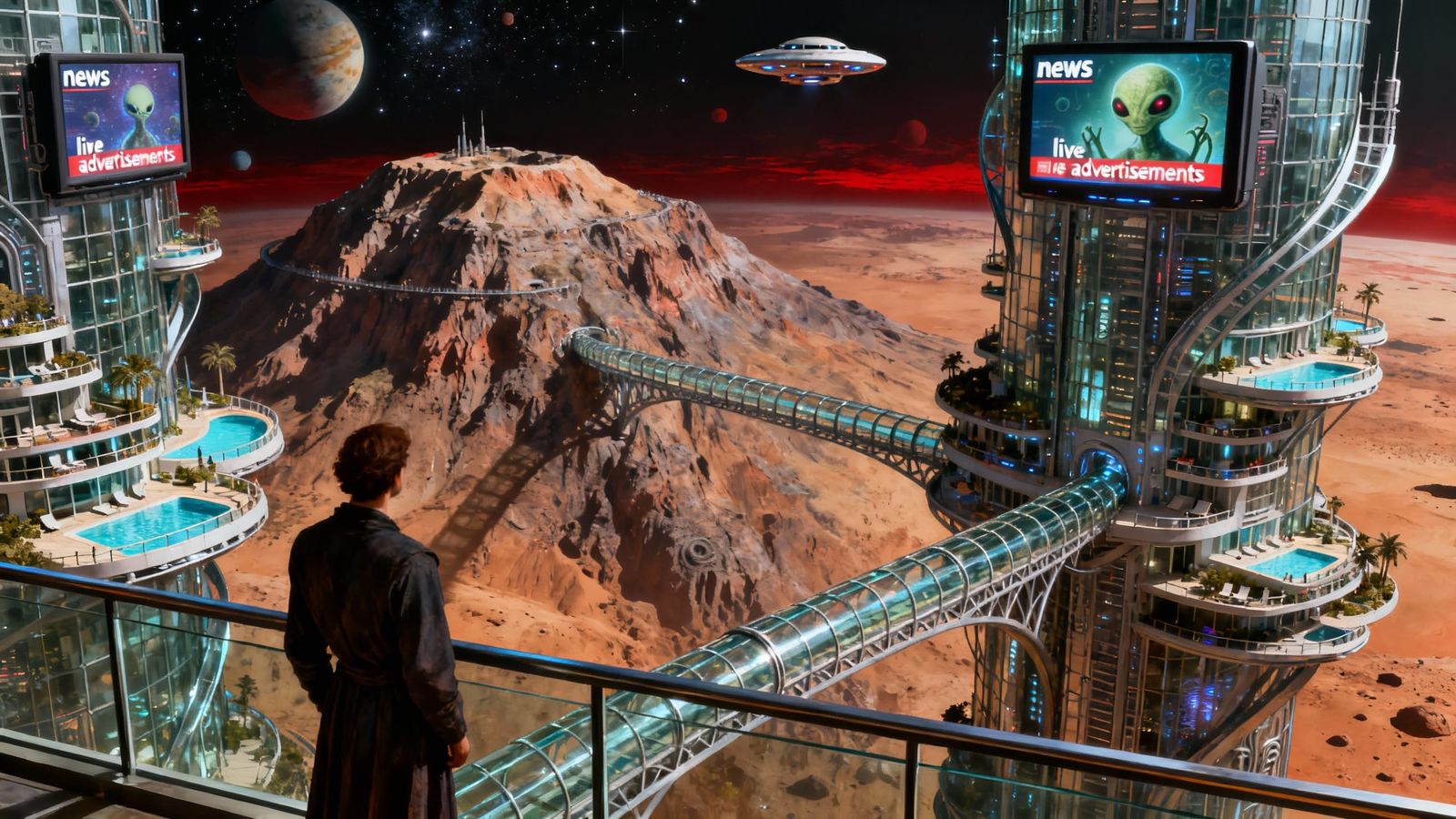 Futuristic Mars Cities with Metal Bridges and UFOs