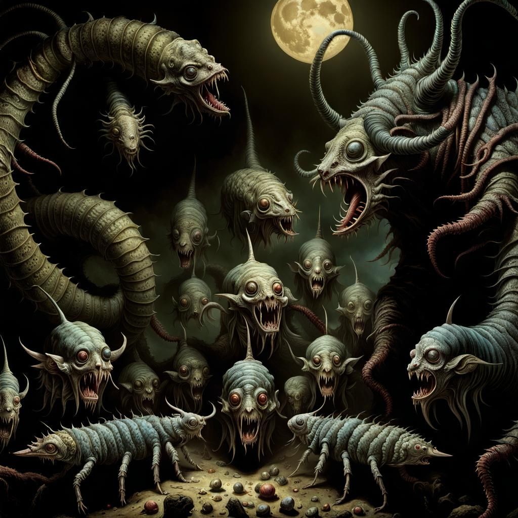 Horrific Larvae of Outer Gods in Dark Fantasy Style