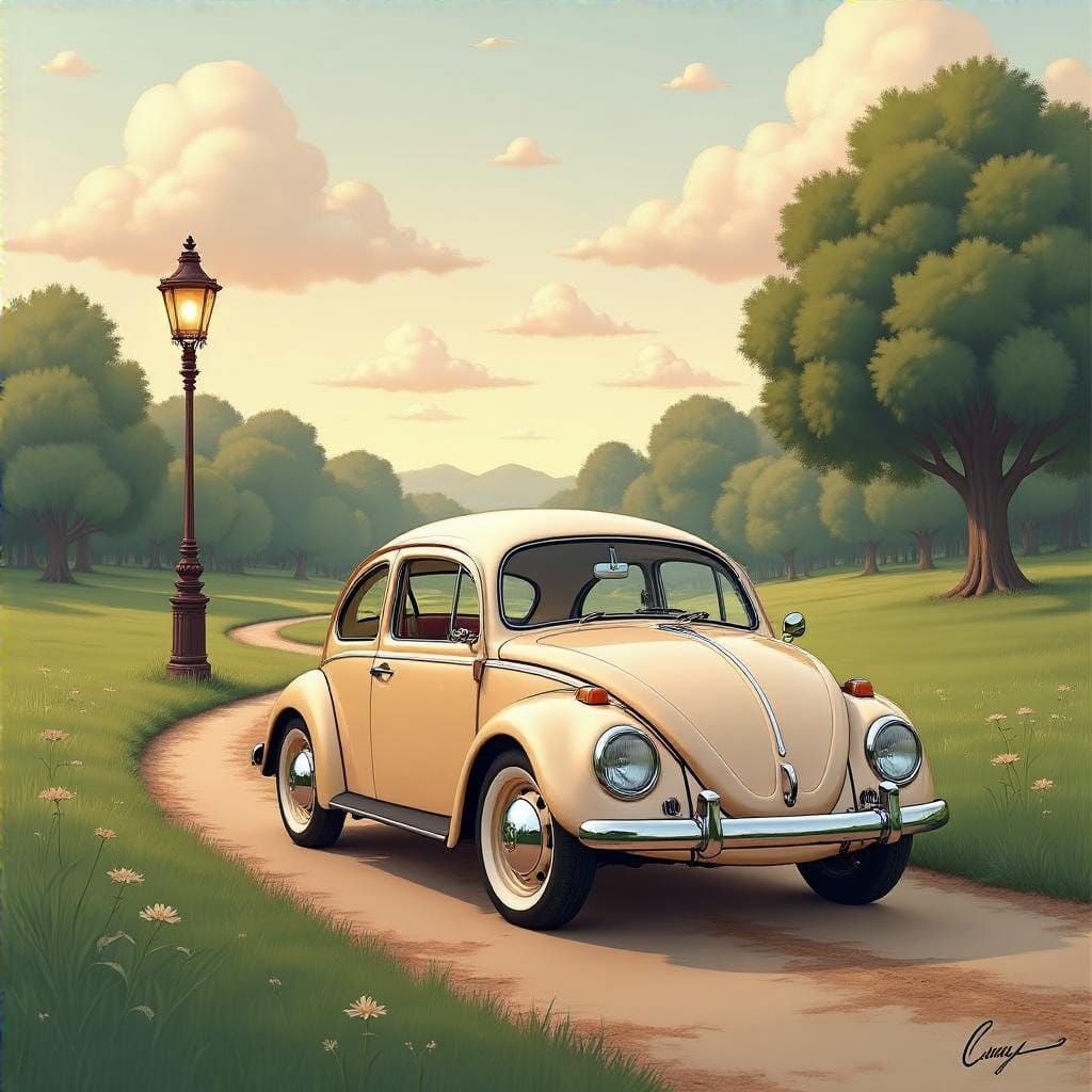 VW Beetle Classic on a Dreamlike Dirt Road
