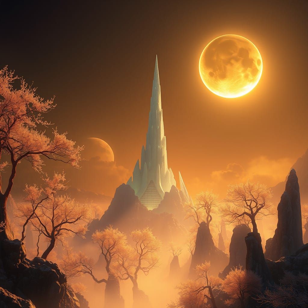 Serenely Glowing Futuristic Landscape with Crystal Spire and...