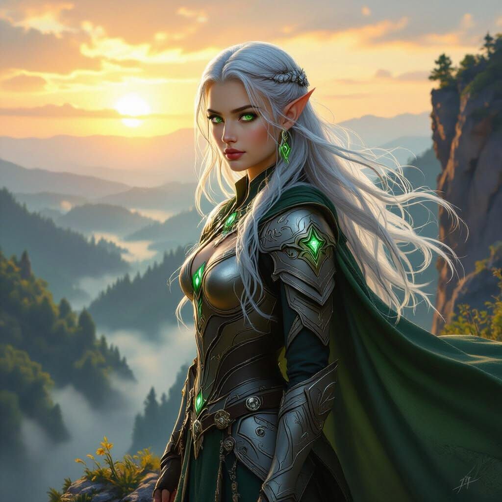 Beautiful Elf Warrior on Cliff Overlooking Mystical Forest