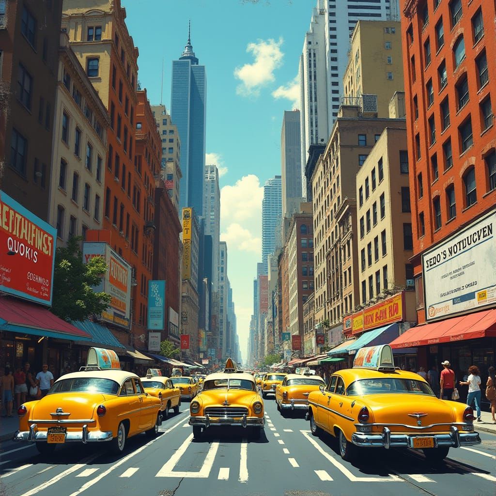 Vibrant 1960s New York Cityscape in Art Deco Style