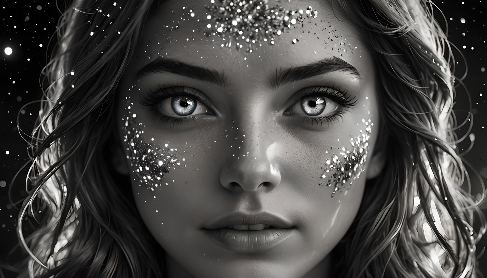 Monochrome Portrait of Woman with Galaxy Eyes