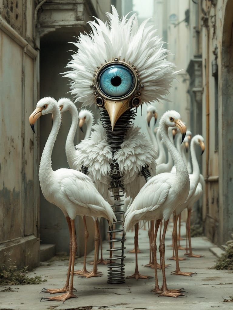 Surreal Mechanical Bird in Dreamlike Landscape