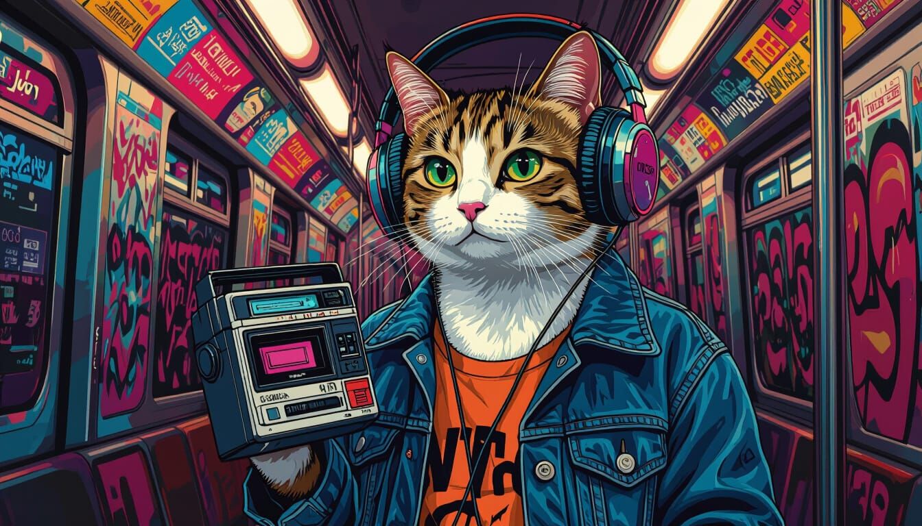 Millennial Cat Listens to Walkman in Subway Art