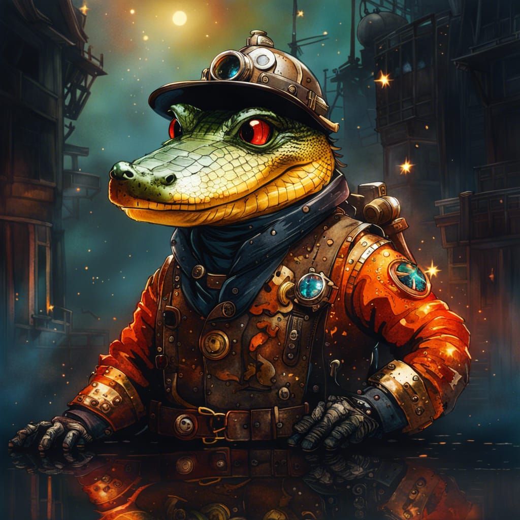 Steampunk Crocodile Firefighter in Watercolor Style