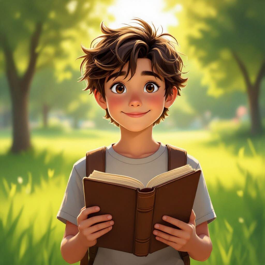 Young Boy Reading in Golden Hour Park