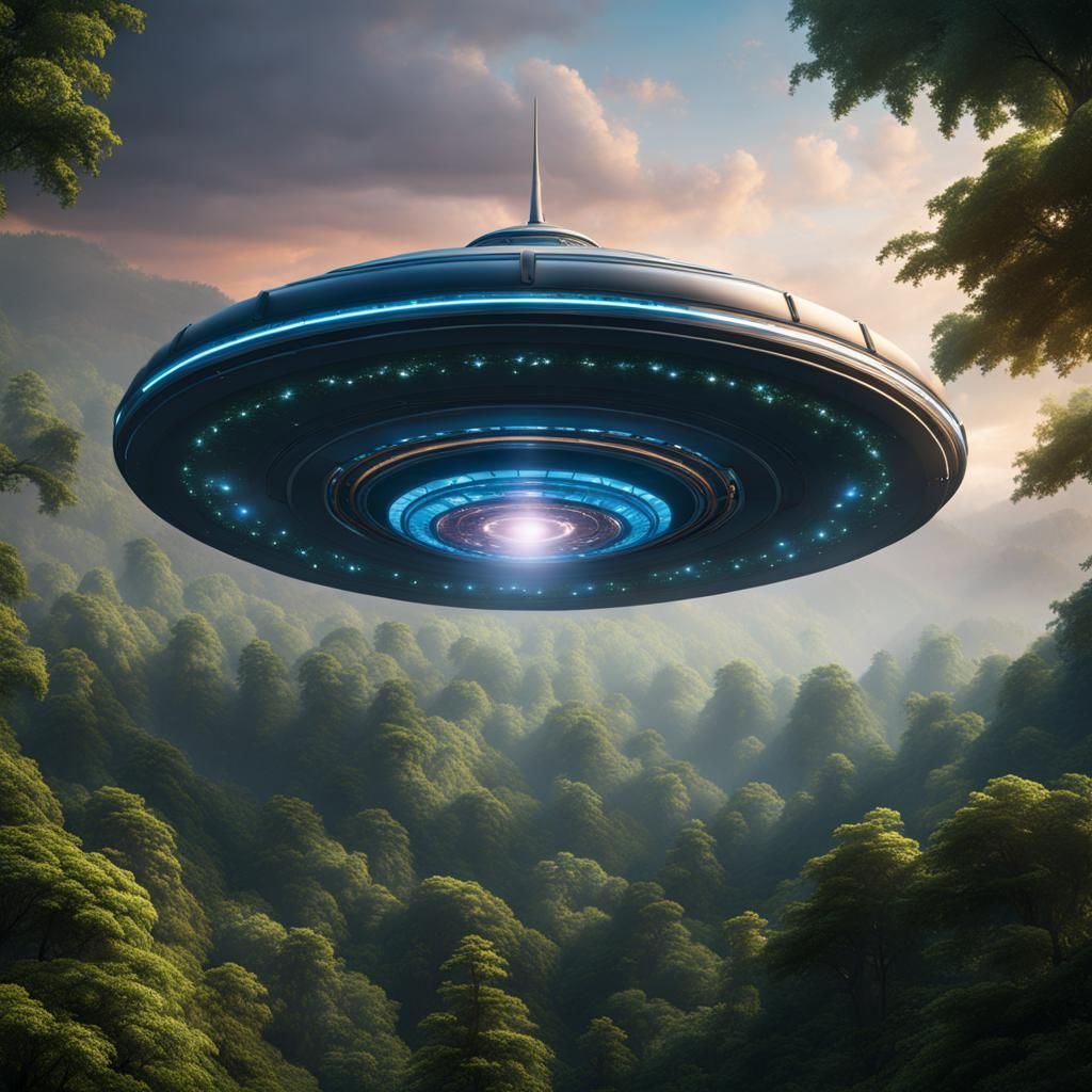 Hyperrealistic Flying Saucer Over Treetops