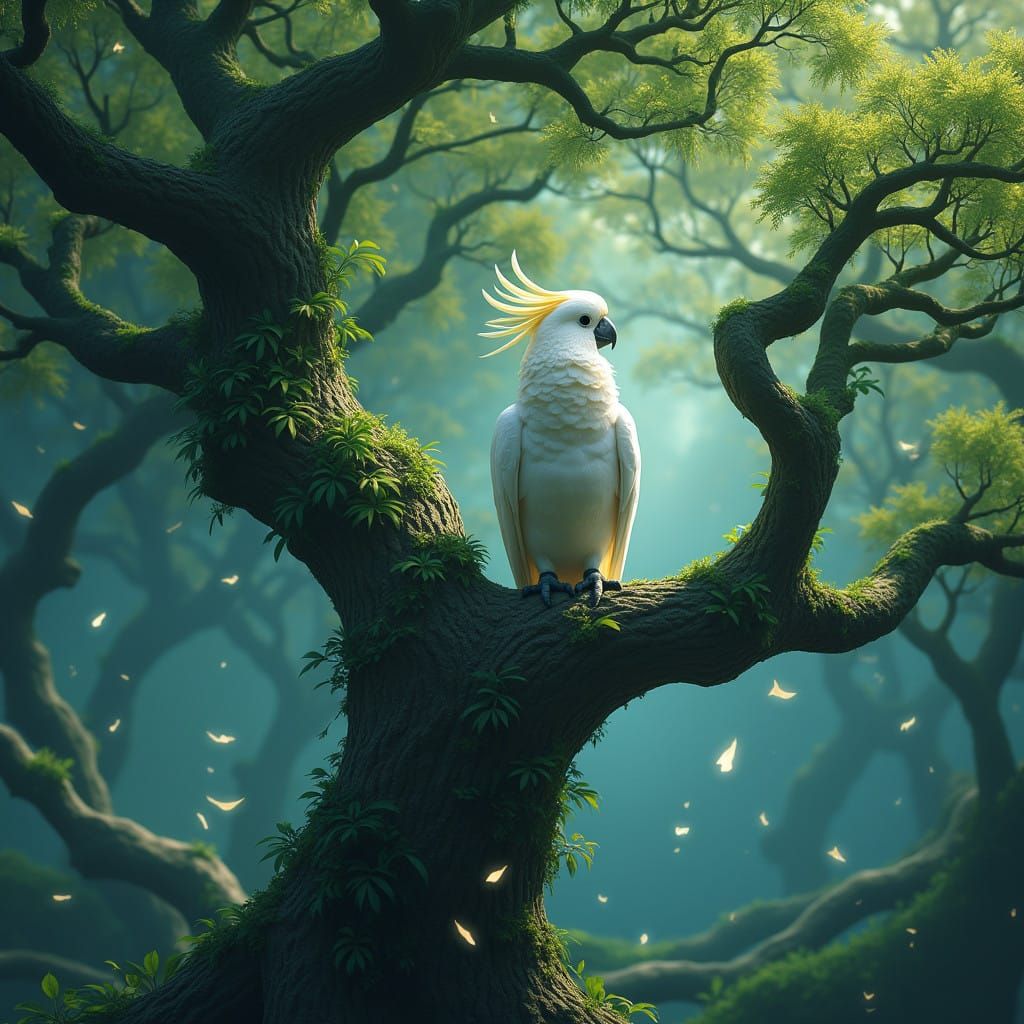 Surreal White Cockatoo on a Majestic Emerald Tree