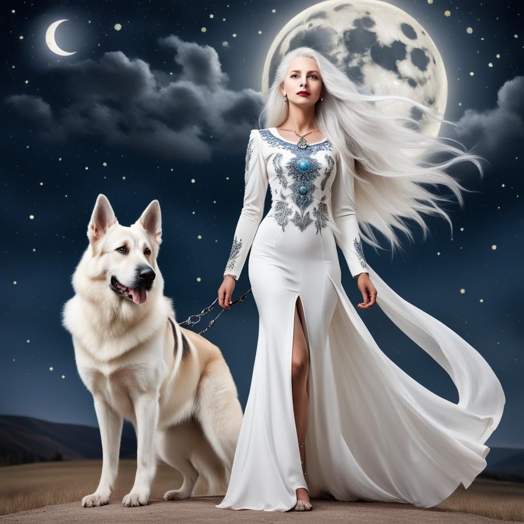 Woman and Dog under the Moonlit Stars