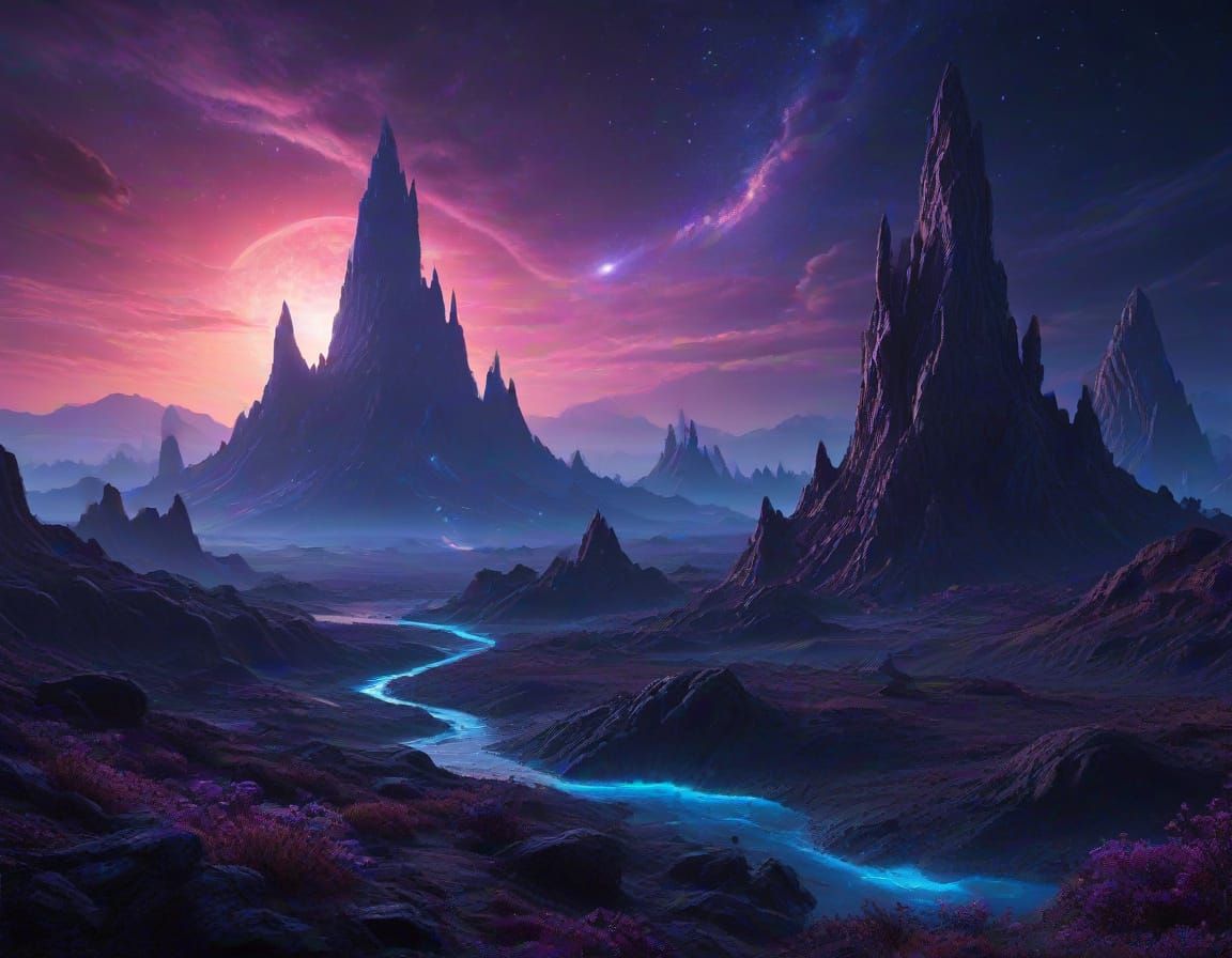 Alien Landscape Concept Art with Nebula and Flora