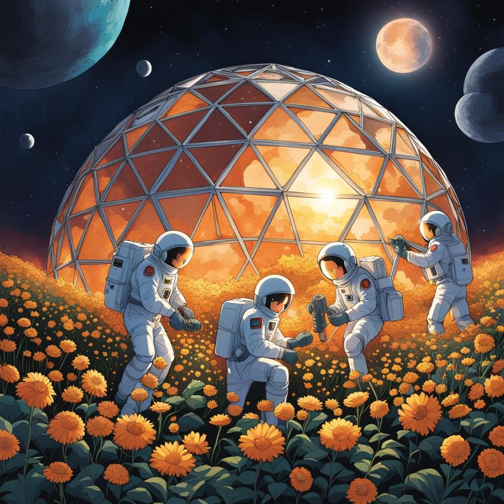 Lunar Greenhouse: Astronauts Cultivating Flowers in Anime St...