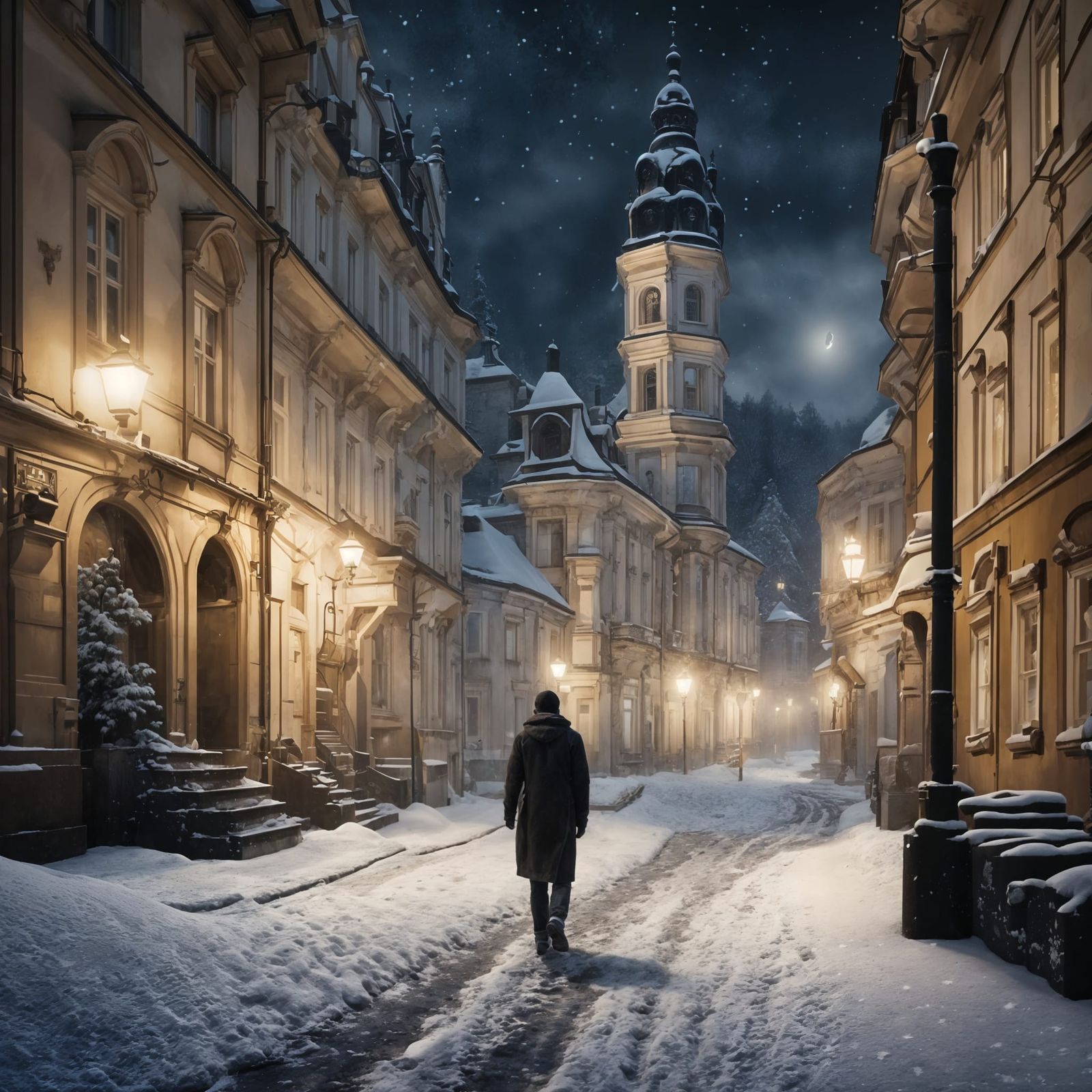 Karlovy Vary Street View in Winter Night