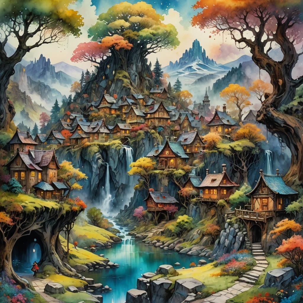 Watercolor Fantasy Village in Magical Landscape