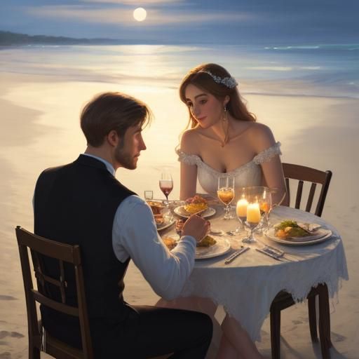 Romantic candlelit dinner with moonlight. young couple on the beach, a man playing guitar in the background.
 a candleli...