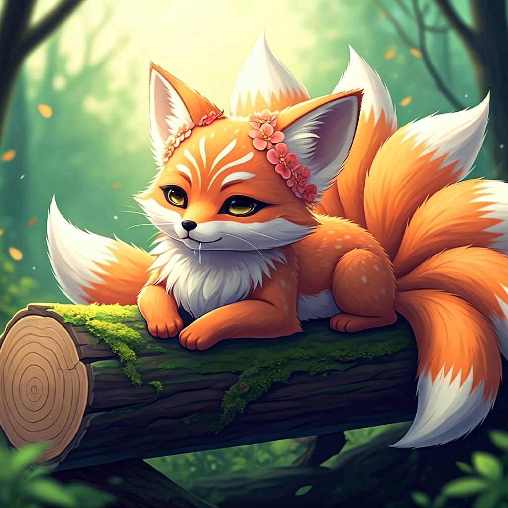 Cute Anime Kitsune Cub Relaxing with Flowers
