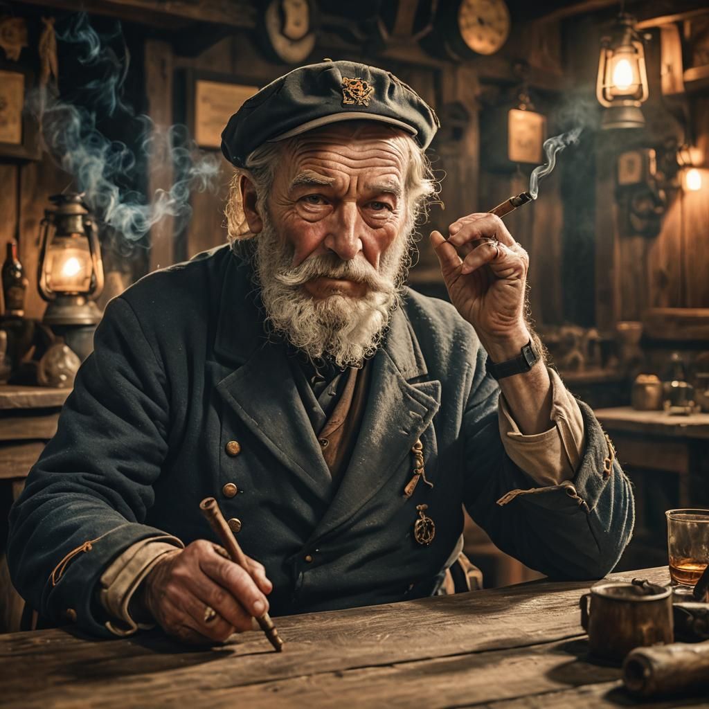 Sea Captain in Tavern with Mermaid Smoke, Cinematic Still