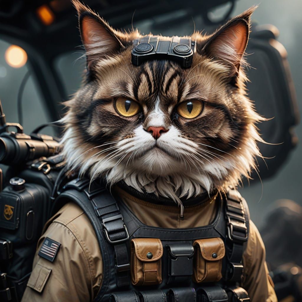 Grumpy Explorer Cat in Tactical Gear, Digital Art