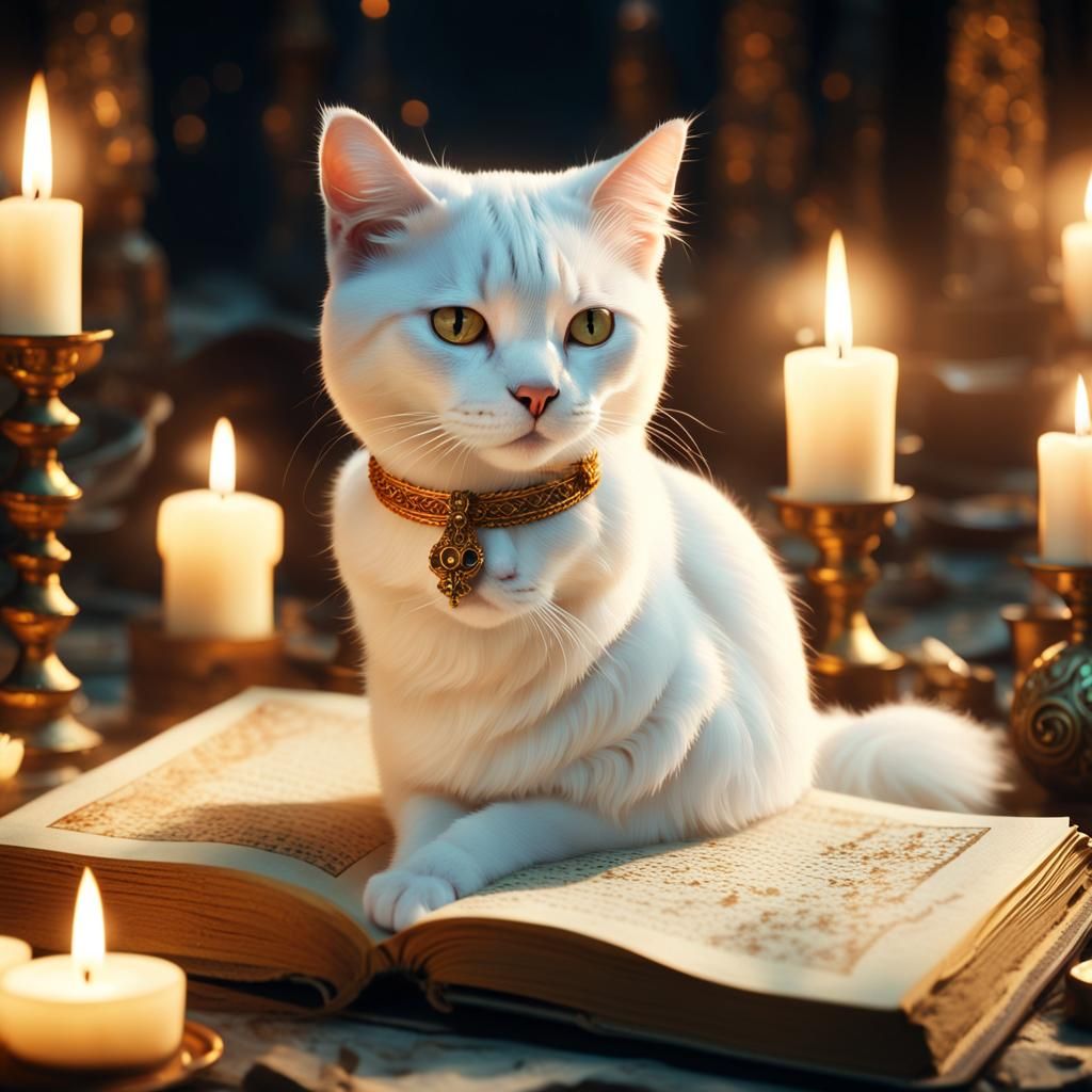 Mystical Cat on Ancient Book in Golden Light