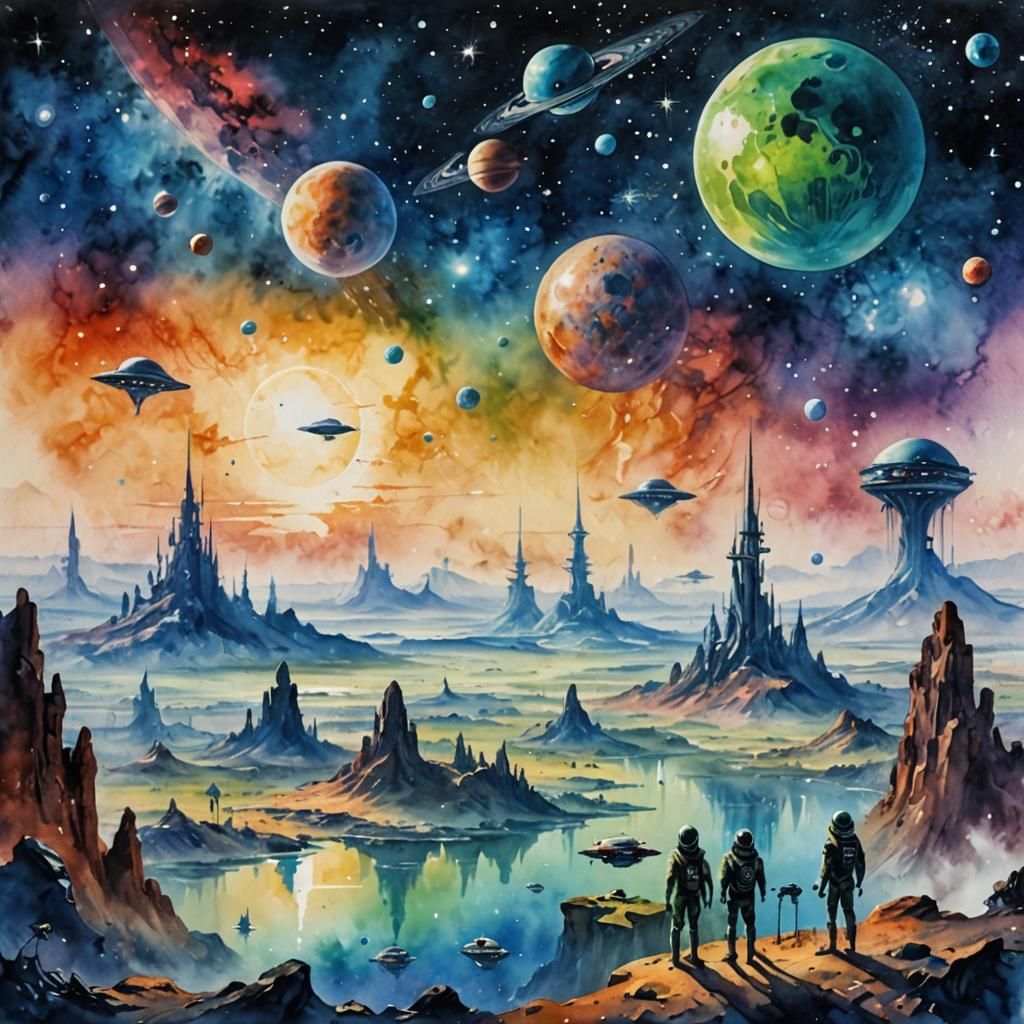Alien World Landscape in Watercolor Style