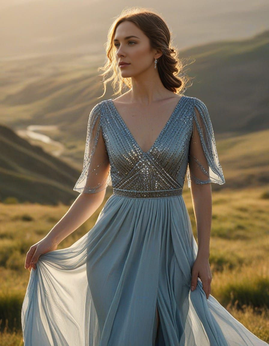 Elegant Woman in Blue Dress Amidst Scenic Valley at Golden H...