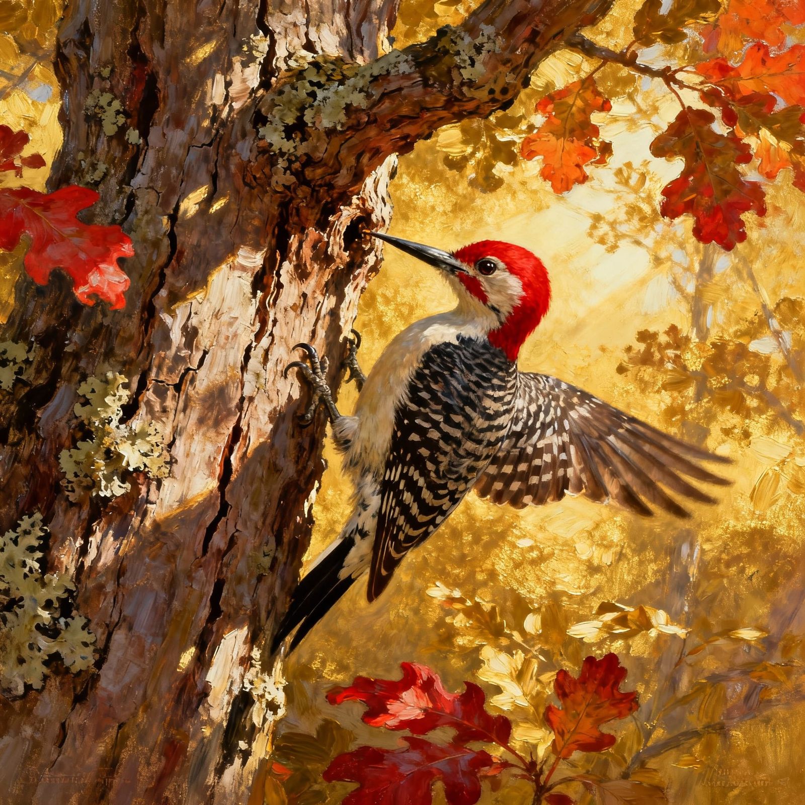 Red-Headed Woodpecker Pecks Ancient Oak in Autumn Light