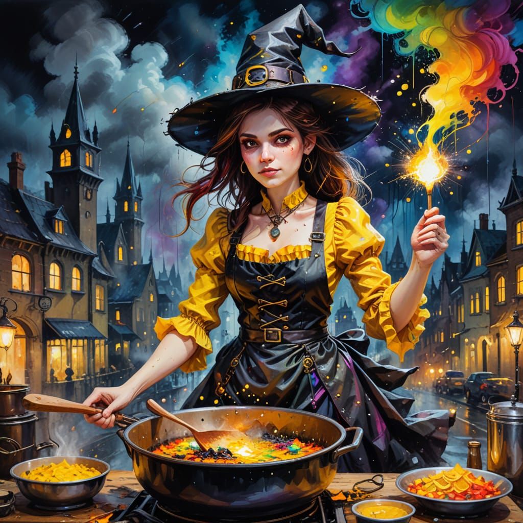 Steampunk Witch Cooking in Vibrant Cityscape