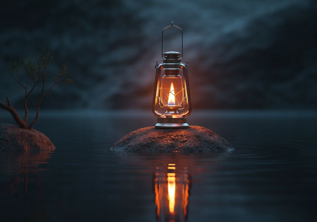 Lantern's Warm Glow on Moody Water Landscape