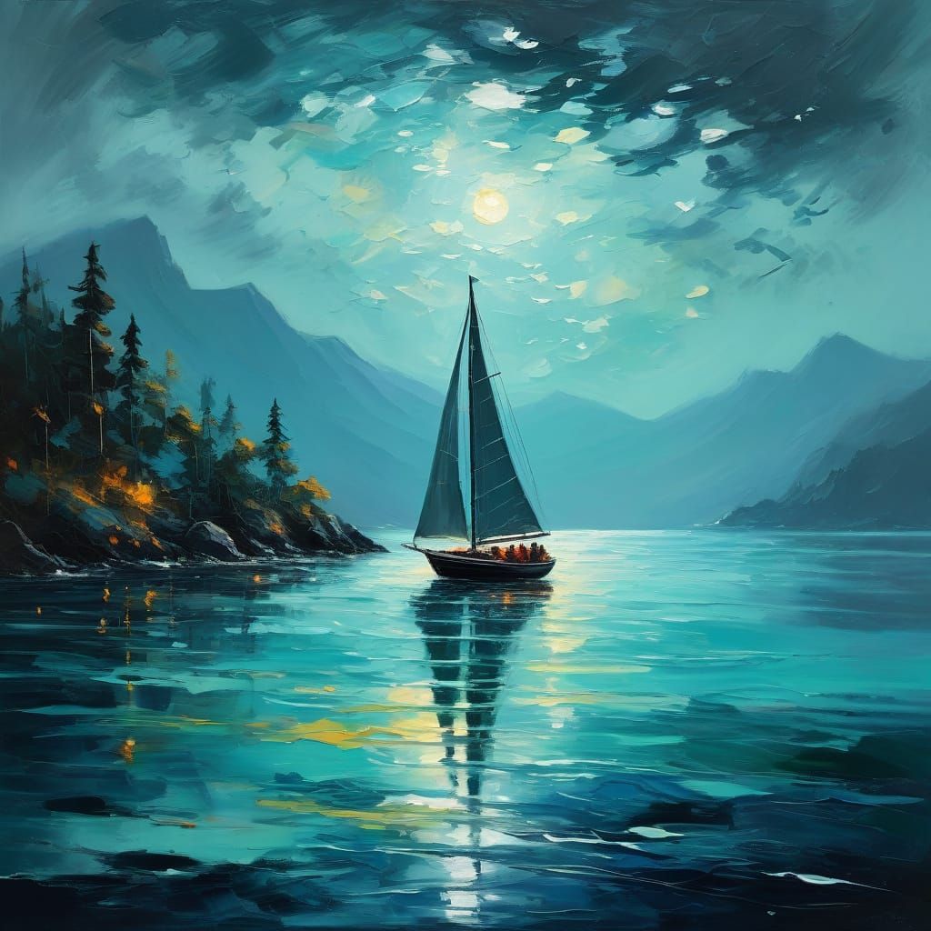 Sailboat Glides on Turquoise Waters in Impressionistic Style