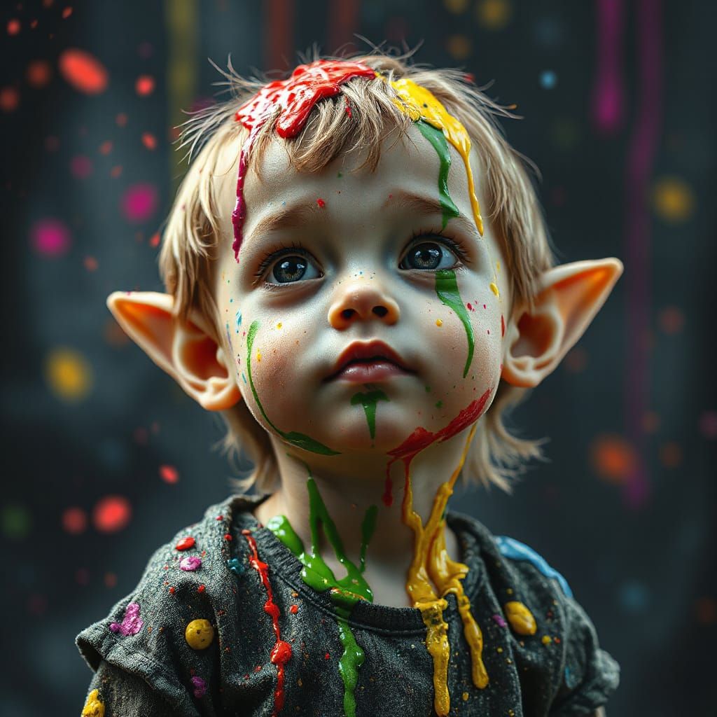 Innocent Child Elf Drenched in Vibrant Paint Splatters