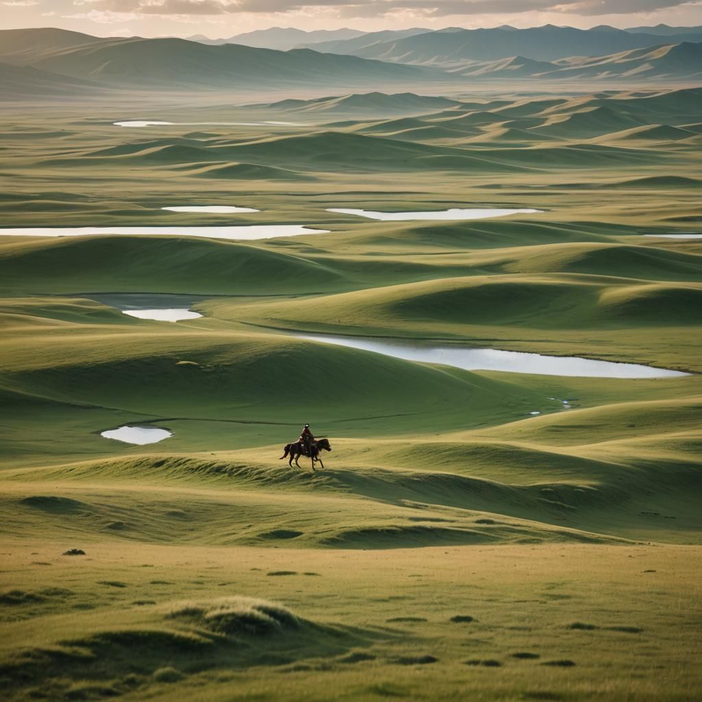 Mongolian Steppes: Lone Horseman at Dawn
