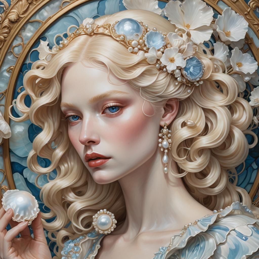 Art Nouveau Pearl Portrait of Albino Woman