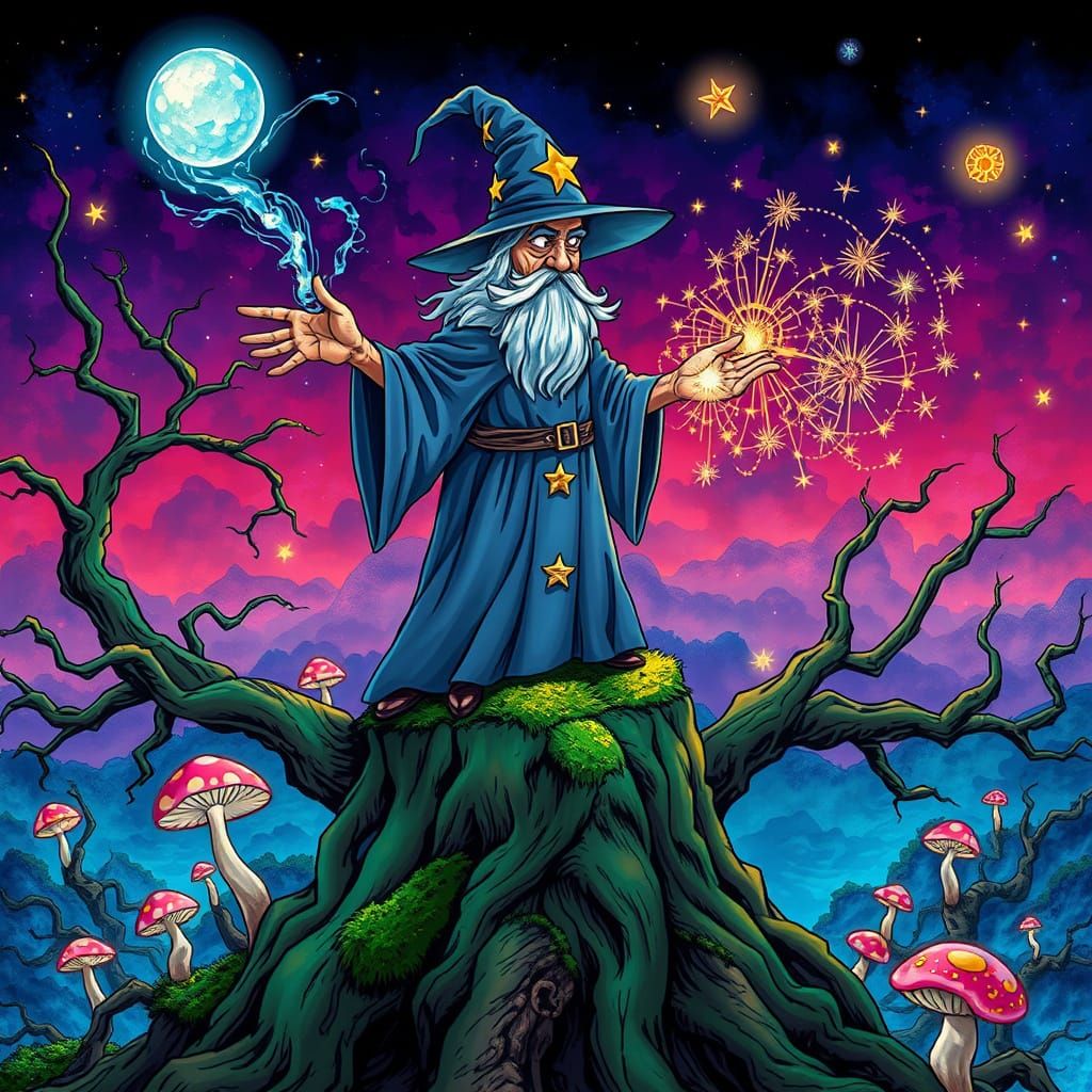Whimsical Wizard in Vibrant, Expressionist Landscape