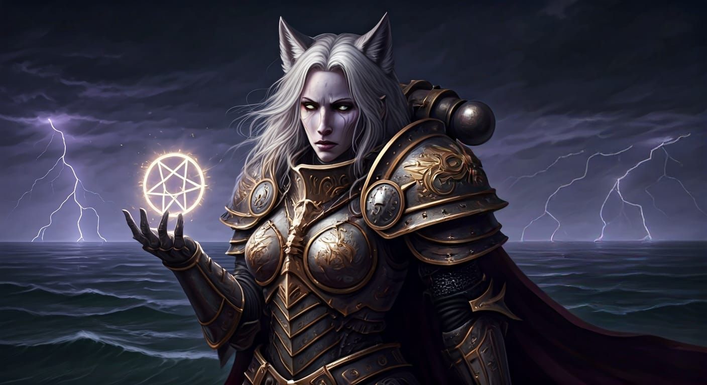 Aasimar Wolf-Woman Paladin in Beksiński-Giger-Stålenhag Styl...