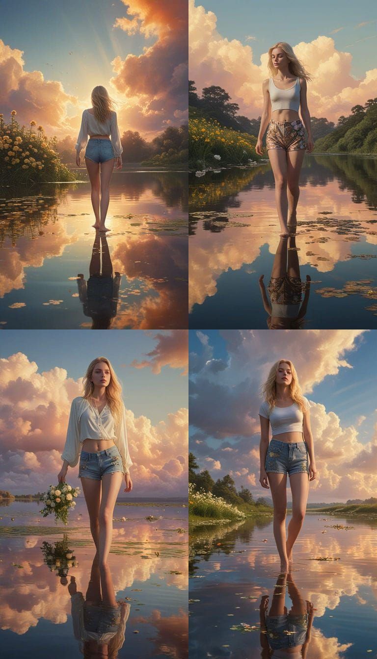 Serene Dreamlike Goddess Strolls on Mirrored Waters