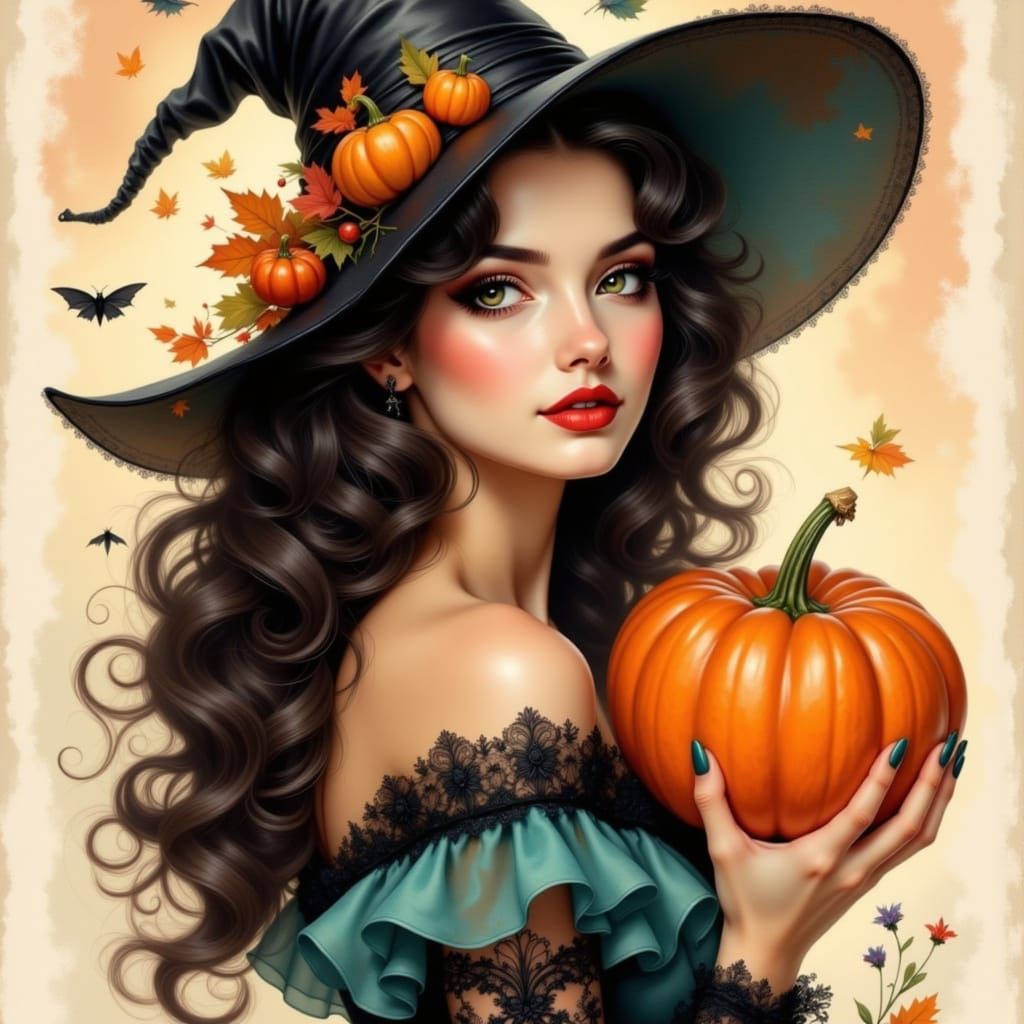 Beautiful Witch with Pumpkin in Painterly Style