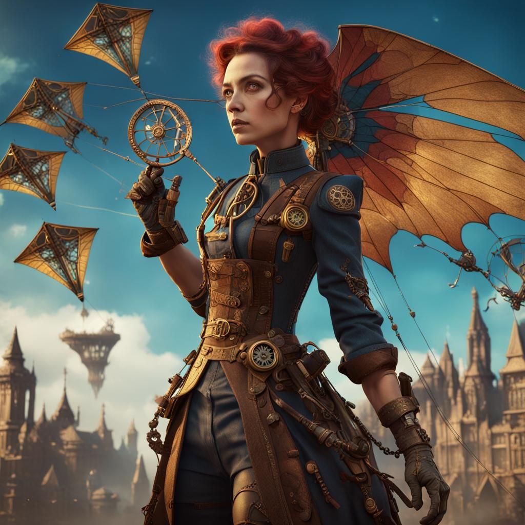 Steampunk Woman with Kite Wings in Detailed Matte Painting