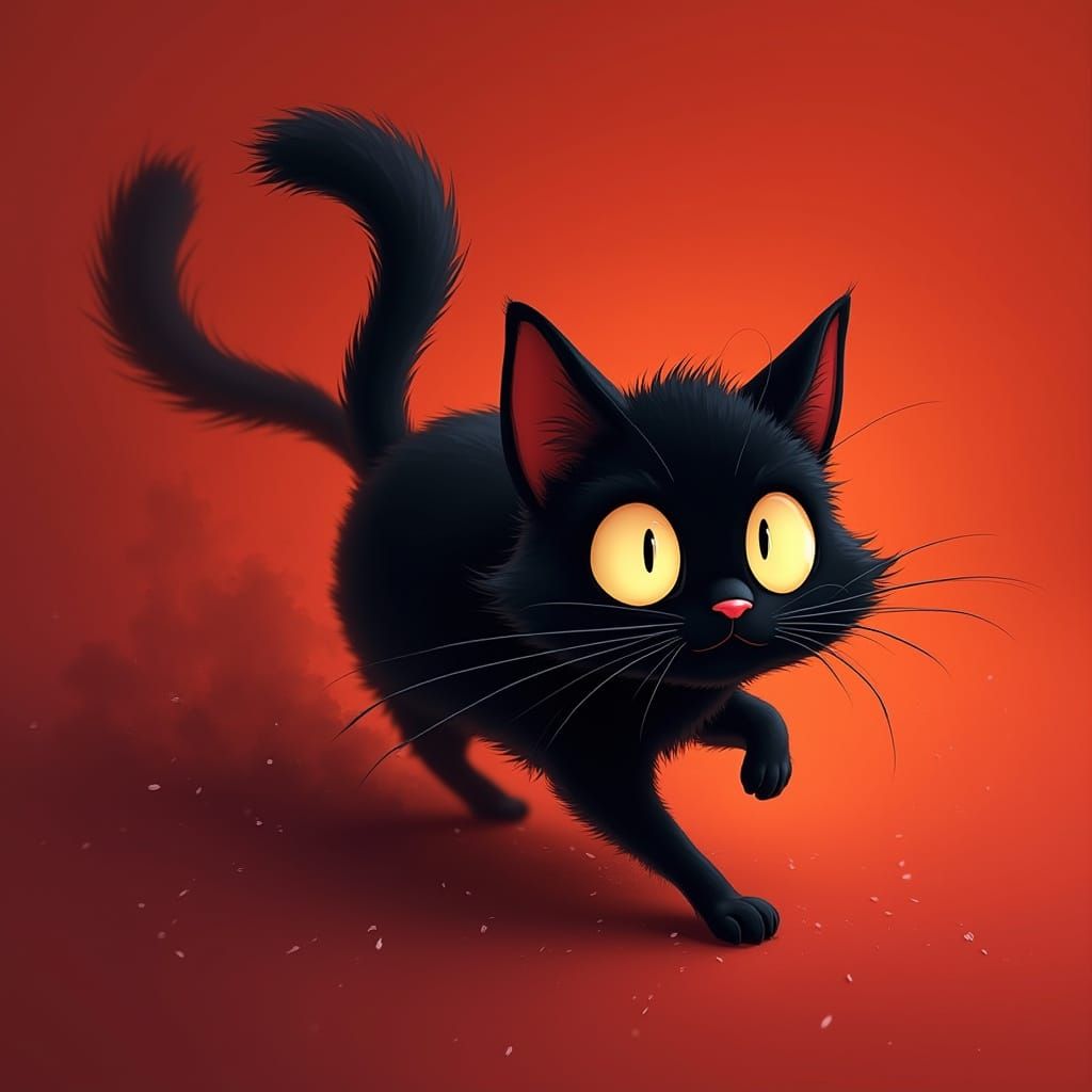 Whimsical Black Cat in Fiery Red Hues