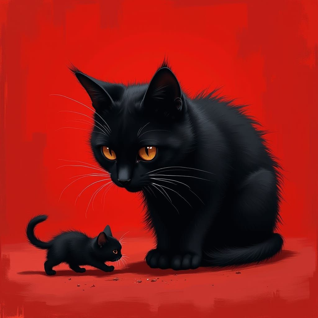 Fierce Black Cat Chases Tail in Bold, Crimson Background