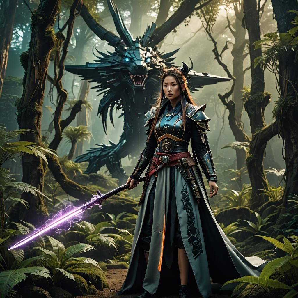 Fantasy Sorceress in Enchanted Forest with Magical Staff